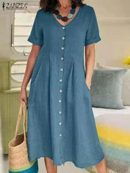 ZANZEA Summer Fashion Women Dress Solid Short Sleeve V-Neck Cotton Button Vestido Elegant Casual Oversized Midi Shirtdress 2023