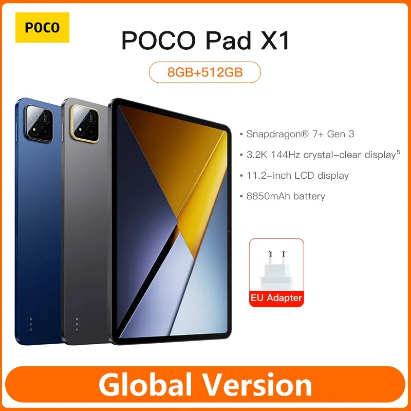 Планшет POCO Pad X1, 11.2 дюйма, 3.2K, 144 Гц, дисплей с защитой зрения, Snapdragon 7 Gen 3, 8 ГБ ОЗУ, 512 ГБ памяти, 13 МП камера, быстрая зарядка 45 Вт, аккумулятор 8850 мАч
