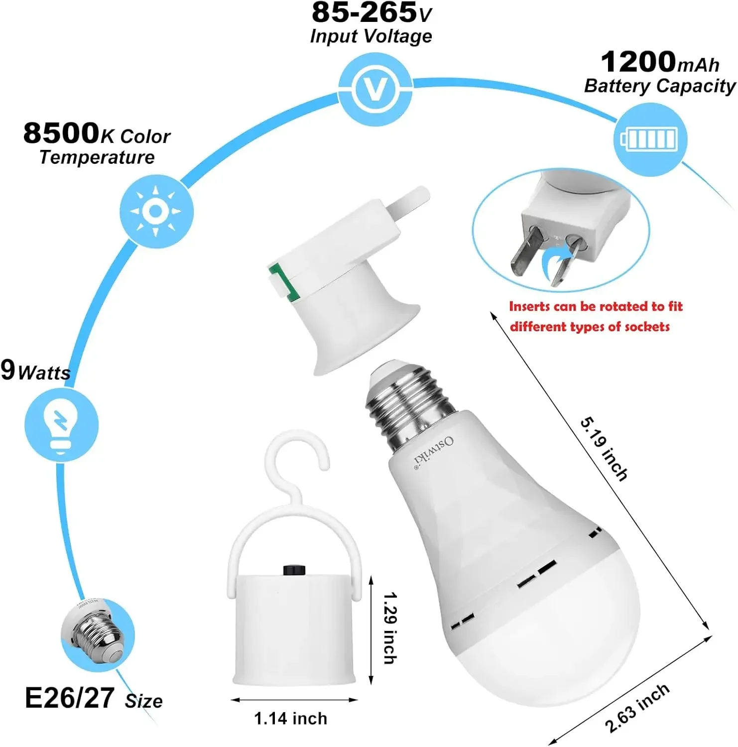 مصابيح كهربائية قابلة لإعادة الشحن في حالات الطوارئ، 6 عبوات من لمبة الإضاءة الاحتياطية التي تعمل بالبطارية للتخييم انقطاع التيار الكهربائي في الهواء الطلق إعصار 9 وات E27