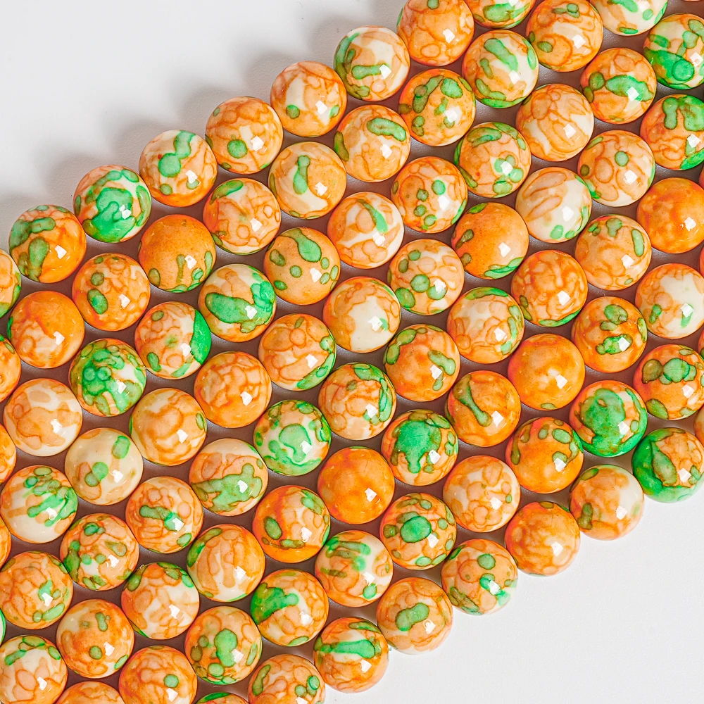 

Gemstone Round Loose Jade Beads Orange Green Spotted Rain Flower Stone Beads for Jewelry Making Bracelet Handmade crafts 4/6/8mm
