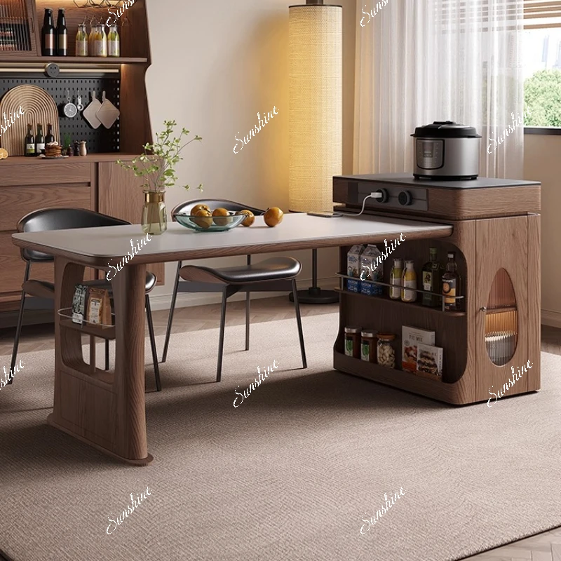 Solid wood island dining table integrated retractable small apartment household simple, new Chinese rock slab, combination