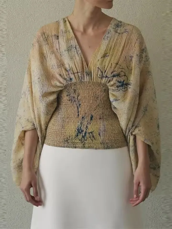 

Elegant Print Tops For Women V-neck Flare Full Sleeve Elastic Waist Waist Cinching Shirts 2026 Summer Female Casual Outerwear