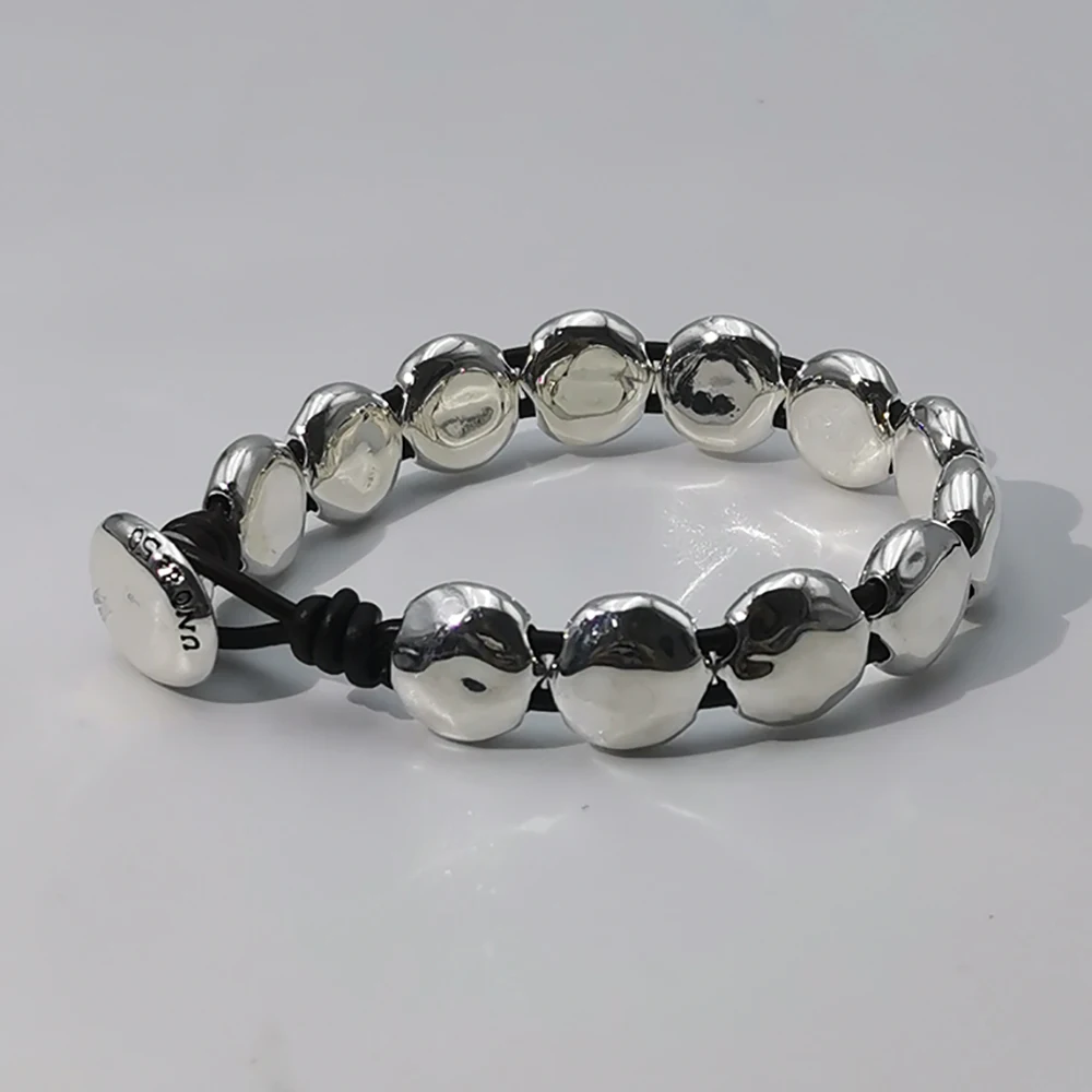 Pulsera de cuerda de cuero con Cuentas planas de plata de alta calidad para mujer, accesorios únicos de España, bolsa de regalo de joyería, 2024