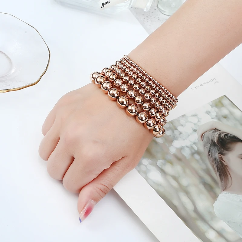 High Quality Metal Stainless Steel Jewelry Waterproof Smooth Round Rose Gold Beaded Elastic Bracelet Women's Daily Gifts