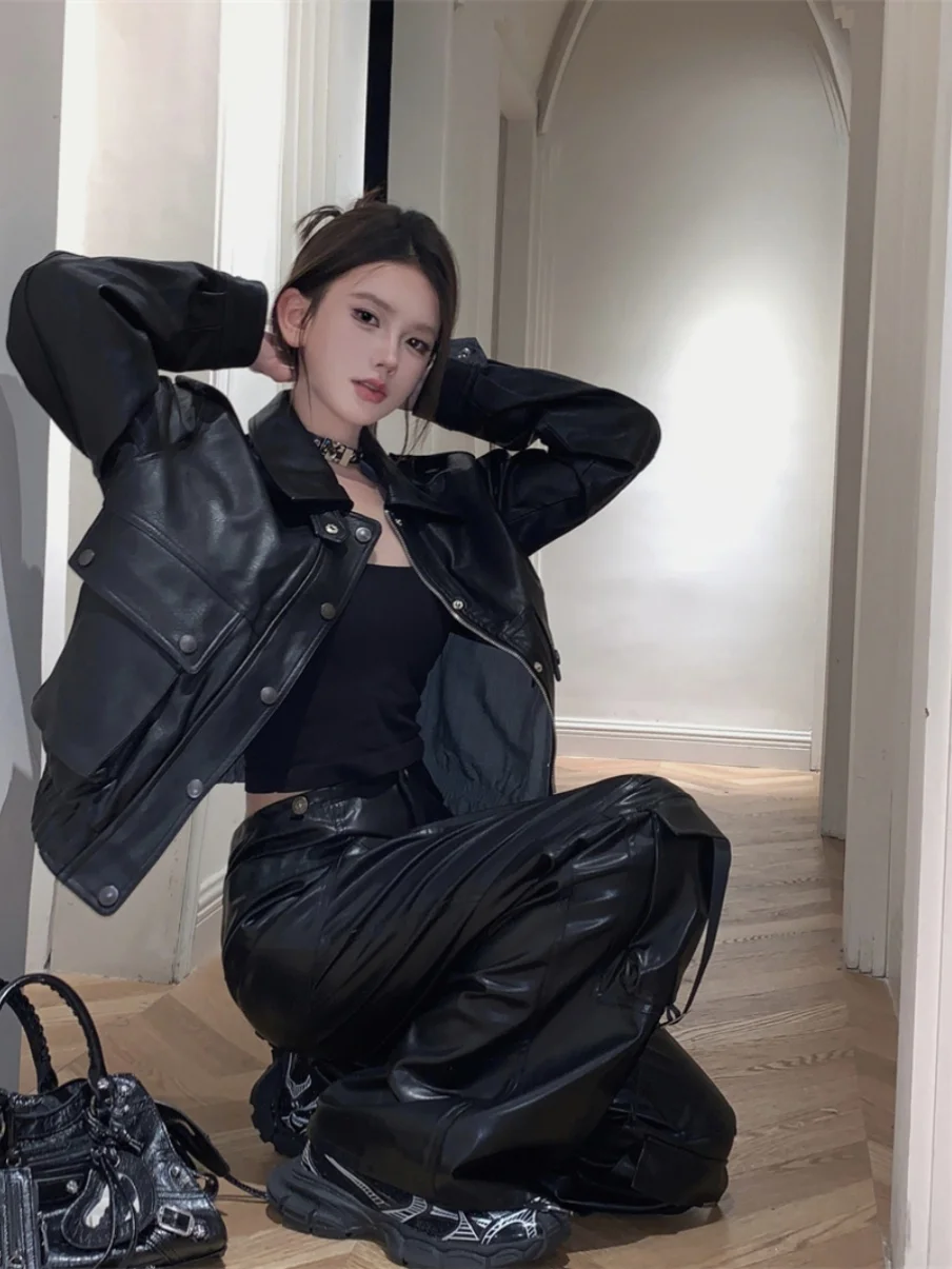 Doux Cool épicé fille Sle Long Sve PU cuir Jaet femmes printemps automne Personali moto Jaet haut