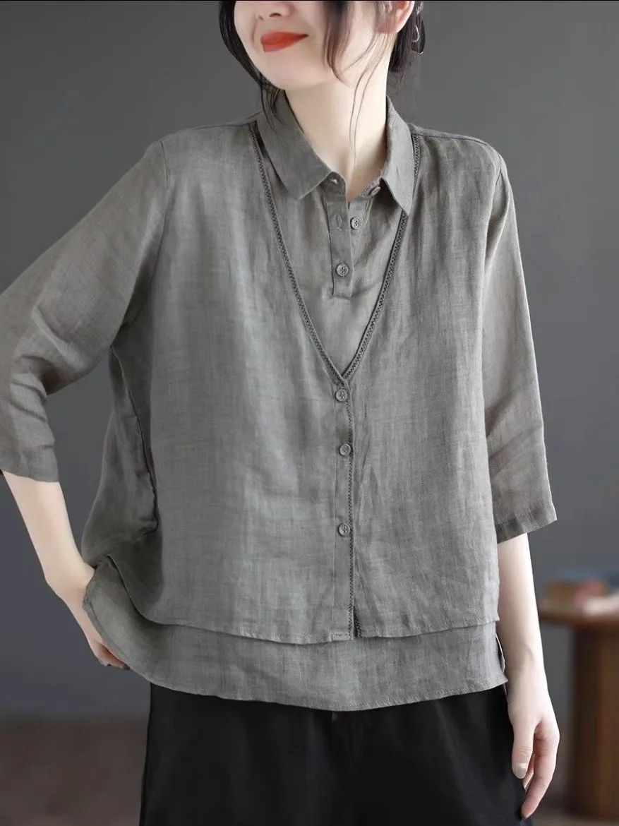 

Loose Cotton Linen Women's irt Vintage False Two-Piece Sle Five-Quarter Sve Ne Breathable Summer Faion