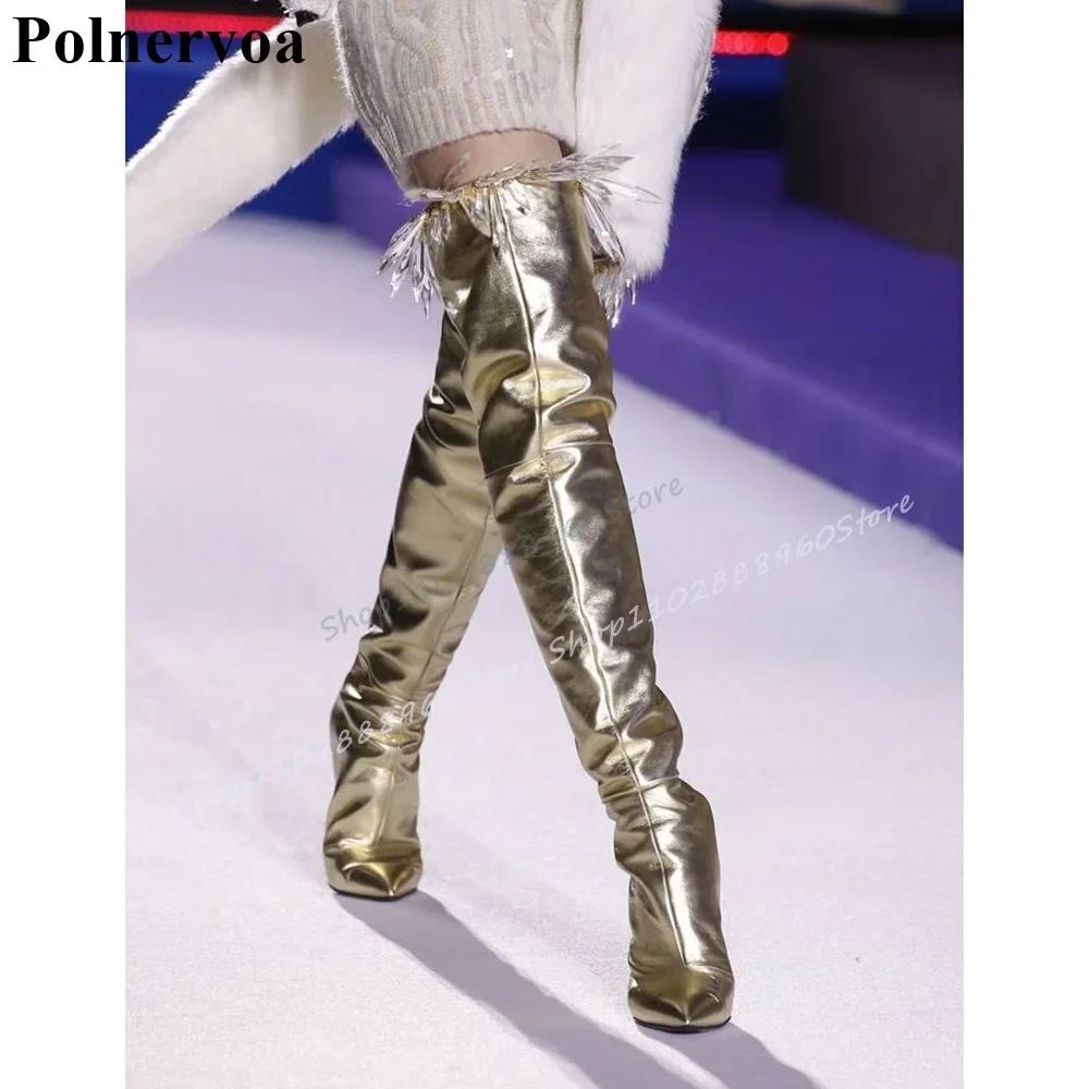 

Luxury Thigh High Gold Soft Leather Boots Thin High Heel Shoes For Women Slip On Pointed Toe 2025 Fashion Zapatos Para Mujere