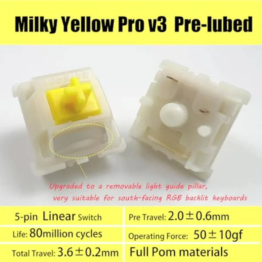 Gateron Keyboard Switches, Pre-lubed 5-Pin Linear Switches with Light Guide Pole for MX Mechanical Gaming Keyboard