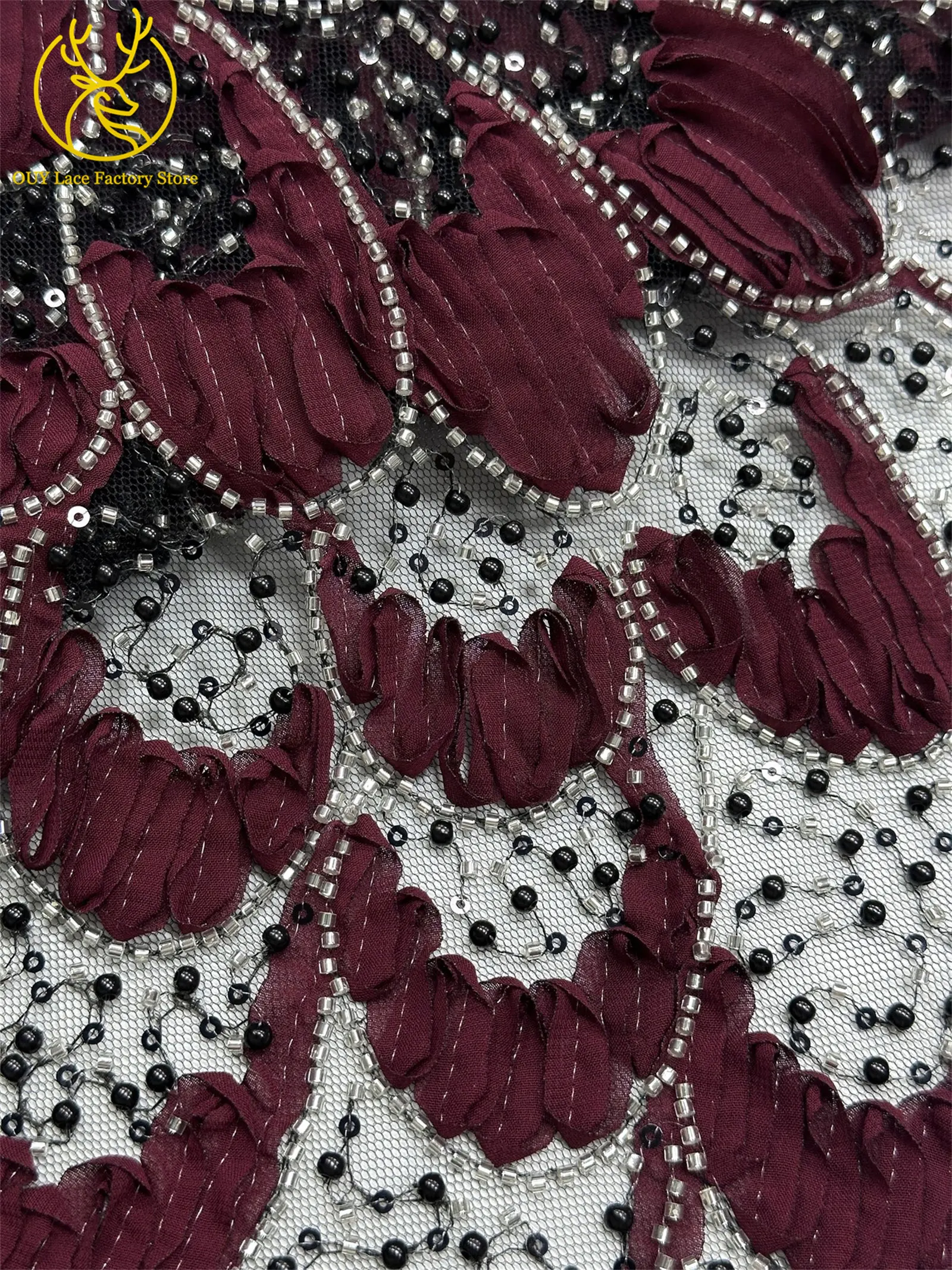 Rosa Modischer Französischer Pailletten-Tüllstoff 2026 Hochwertiger Afrikanischer Perlen-Spitzenstoff Nigerianischer Netzstoff für Hochzeiten – Detail 23