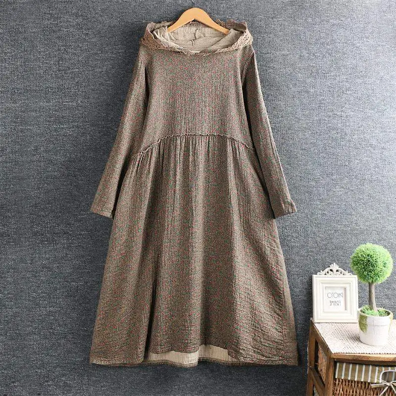 New Vintage Hooded Long Sleeved Floral Dress Women Loose Casual Dresses Mori Girl Cotton Linen Spring Autumn Tunic Dress