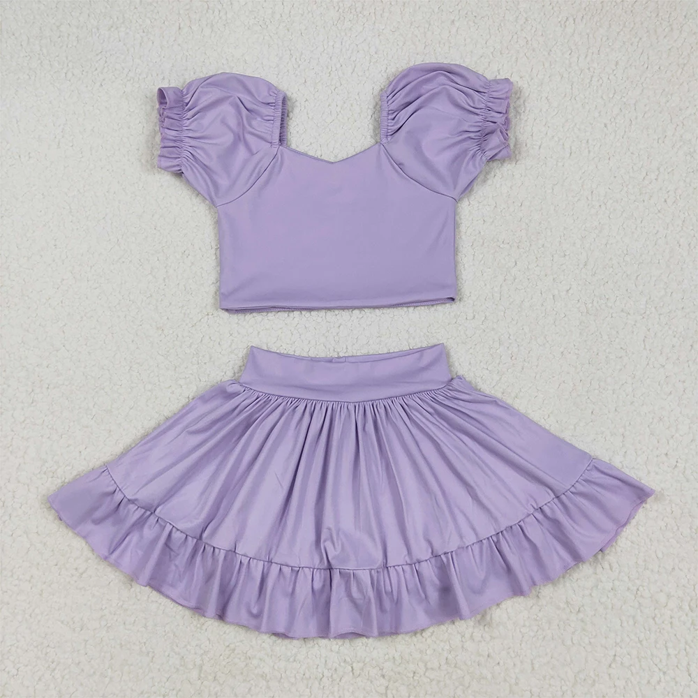 

Baby Girls Lavender Active Wear Set Short Sleeve Crop Top with Ruffle Skirt Yoga Shirt Skirt Outfit for Toddlers