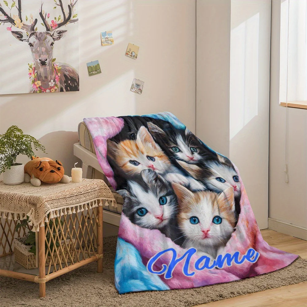 1 personalized cute cat flannel blanket with custom name, soft and lightweight, no electricity, no feather filling