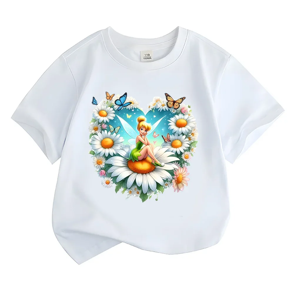 Tinker Bell Flowers Surround Anime Print T-shirts Sweet Girls Essential Cotton Tshirts Kids Short Sleeve Tops High Quality Tees