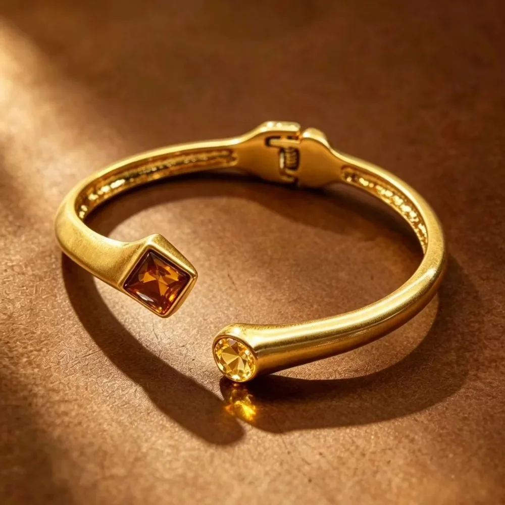 [Old Times] Retro Geometric and Electroplated Real Gold Colored Polychrome Brushed Silver Open Bracelet Bangle 0379