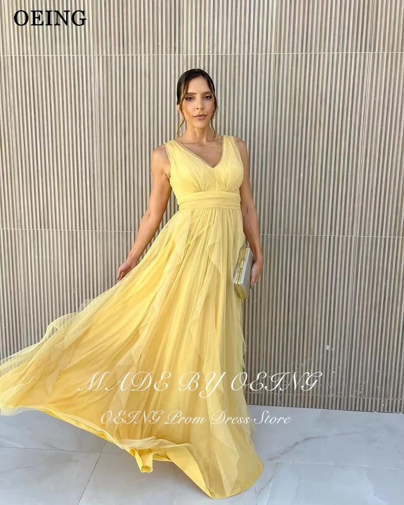 OEING Yellow A-Line Prom Dresses Soft Tulle Elegant V-Neck Pleat Ruched Party Gowns Floor-Length Vestidos de noche