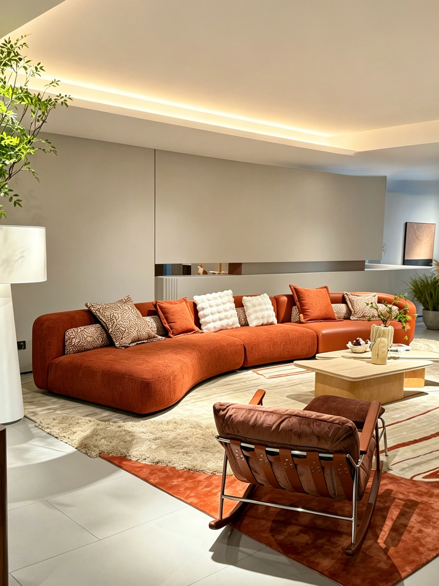 Terracotta Boucle Curved Modular Sofa S Shaped Sectional Burnt Orange Deep Seat Low Profile For Large Living Room Villa