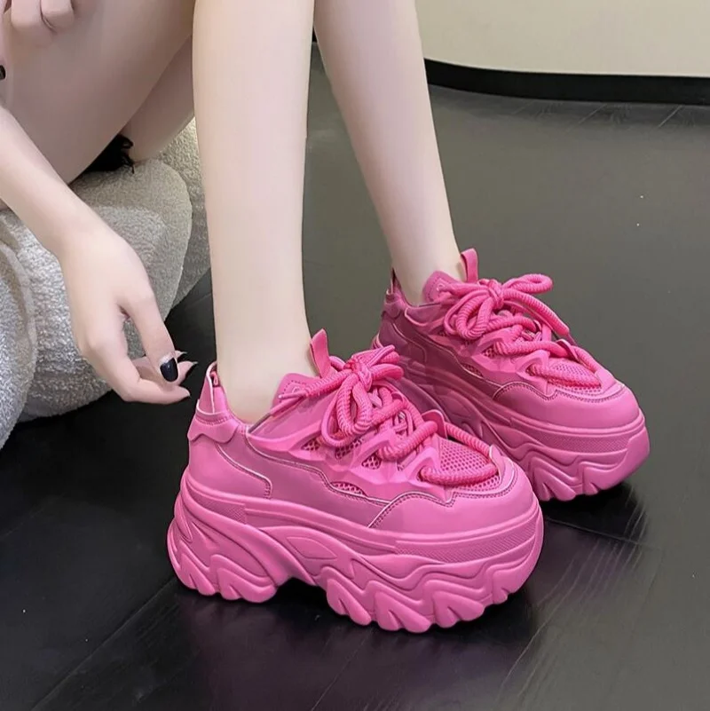 Women's Summer Platform Sneakers Breathable Mesh Chunky Casual Shoes 8.5CM Wedge Hidden Heels Hollow Design Leisure Footwear
