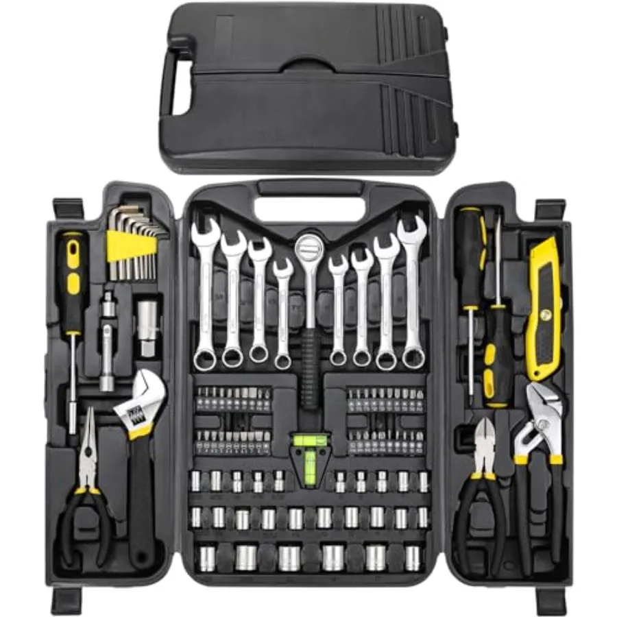 

95 Pcs Tool Set, Tool Kit, Mechanics Tool Set, Portable Toolbox with Adjustable Wrench Pliers Socket Bits, with Plastic Toolbox