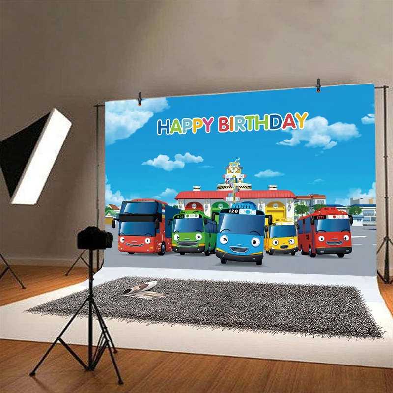 Tayo Little Bus Backdrop Boy Runway Racing Cars Happy Birthday Party 1st Photography Background Photo Banner Decoration