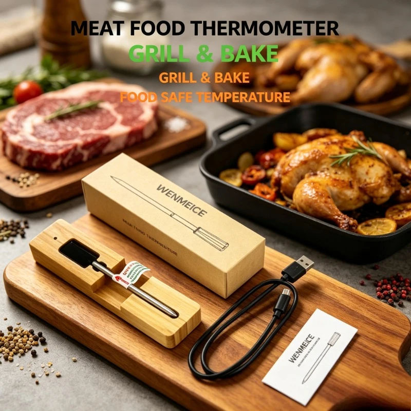 Беспроводной умный Bluetooth-термометр для мяса WENMEICE, цифровой измеритель температуры пищи для кухни, духовки, гриля, коптильни, барбекю, аксессуар для измерения температуры при приготовлении пищи в различных условиях.
