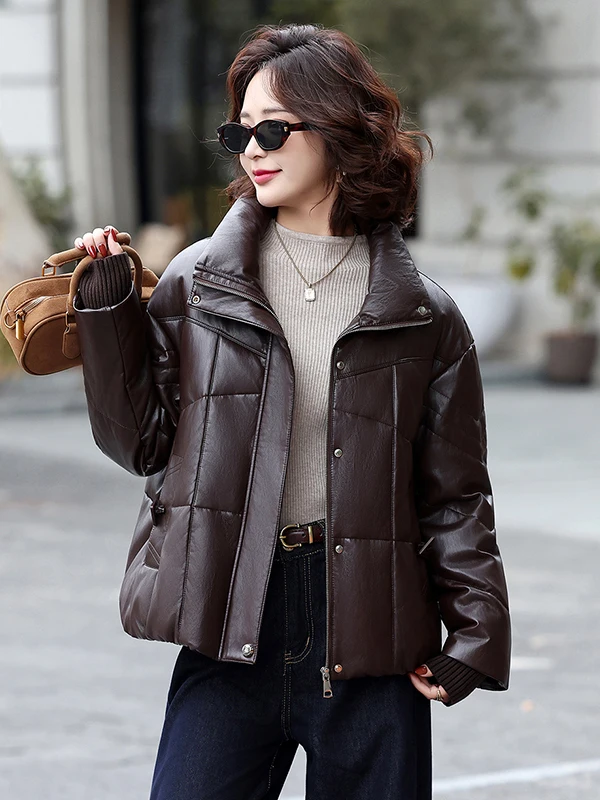 Abrigo de invierno de cuero auténtico ort Puffer Jaet para mujer, abrigo de invierno con cuello levantado, prendas de vestir exteriores de piel sintética para ir al trabajo, poliéster