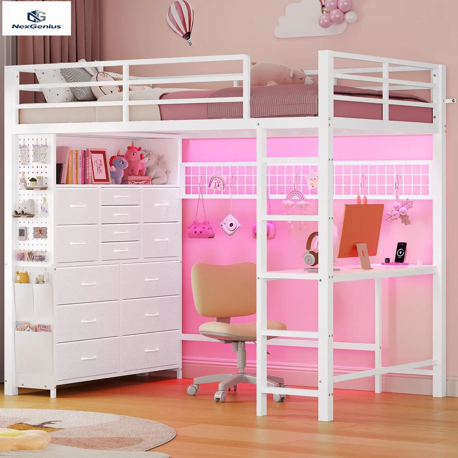 Cama alta doble ADORNEVE con escritorio, 14 cajones de almacenamiento y toma de corriente, cama alta infantil tamaño individual con luces LED, tablero perforado, estructura metálica