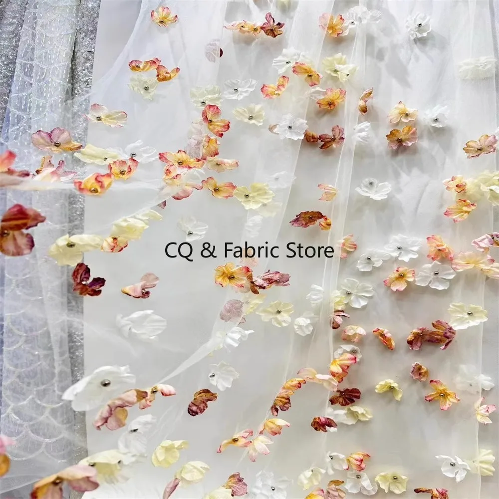 Mesh Colorful 3d Florals European Style Gowns Lace Fabric Appliqued Beading Lace Designer Fabric