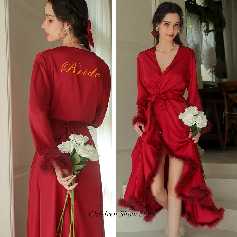 Bride Wedding Party Loungewear Lady Long Bathrobe Gown Feather Patchwork Nightwear Silk Satin Homewear Embroider Robe Sleepwear