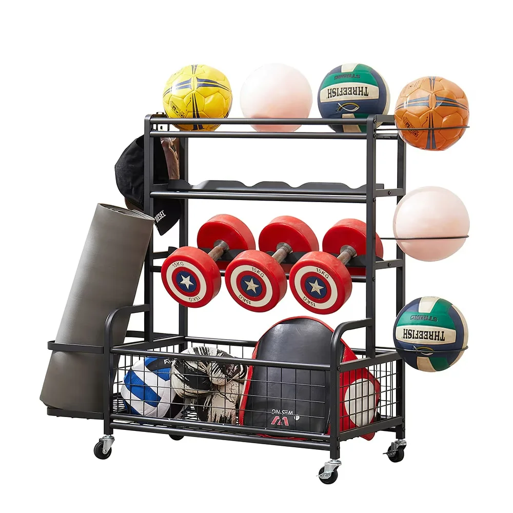 4-Tier Metal Storage Organizer for Basketball Sports Equipment Organizer for Yoga Mat Larger Ball Storage Rack