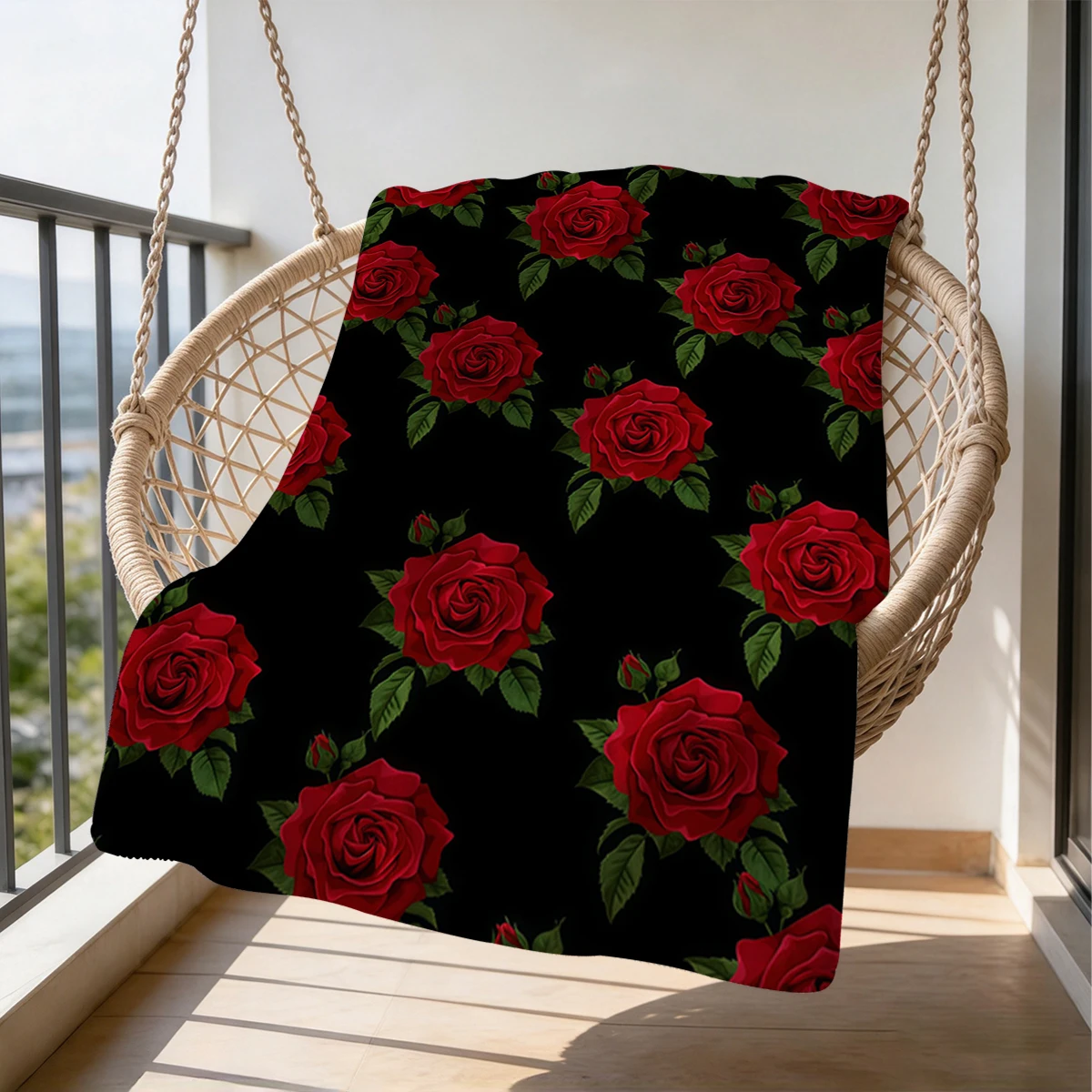 Black Red Roses Green Leaves Flannel Blanket Warm Soft Halloween Christmas Couch Warm Cozy Decorative Decor Gift for All Season