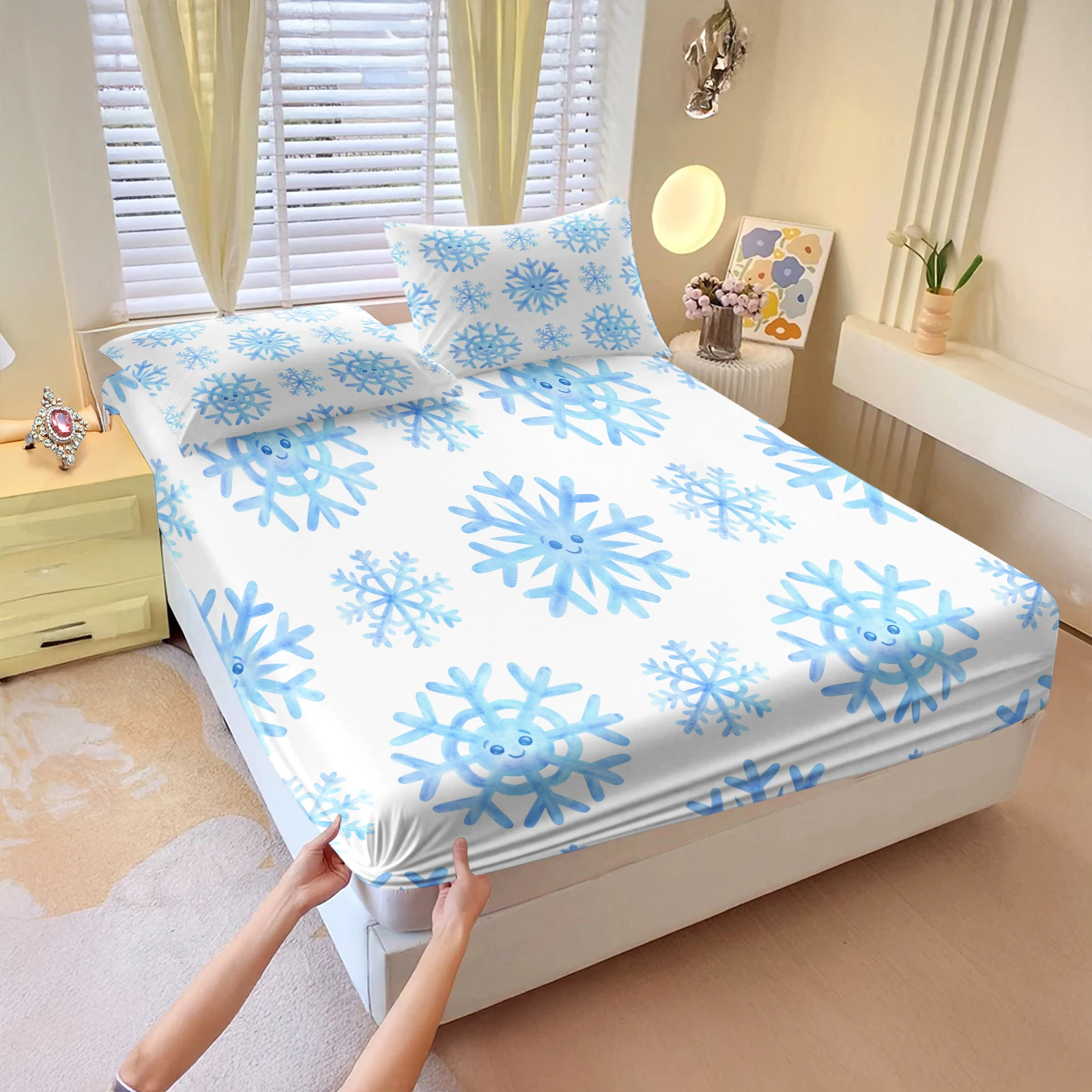 Cute Smiley Blue Snowflake Fitted Sheet Set With Pillowcases Snow Print Mattress Cover Soft Full Elastic Deep Pocket Bed Sheet