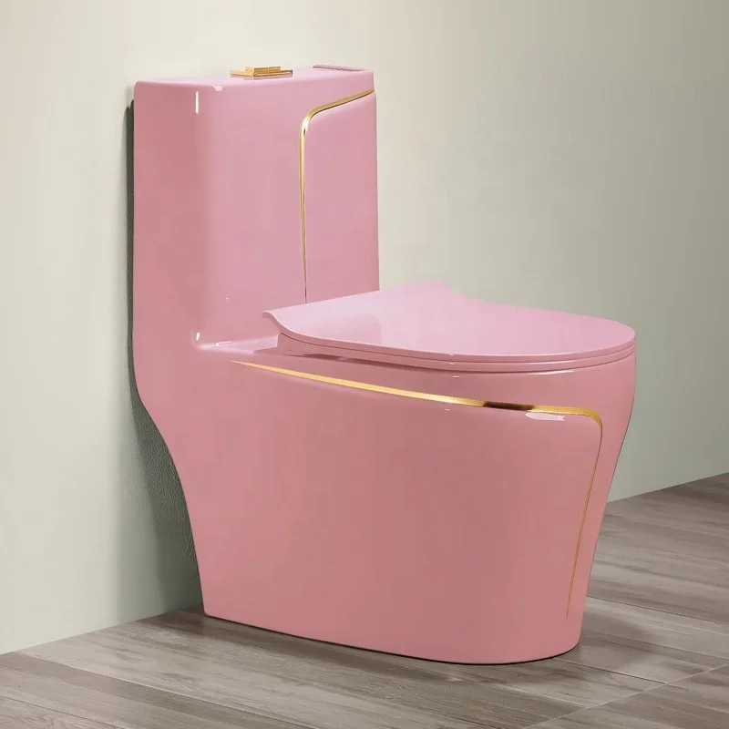 Gold Line Design Bathroom Ceramic One-Piece Gold Pink Colored Toilets Bowl