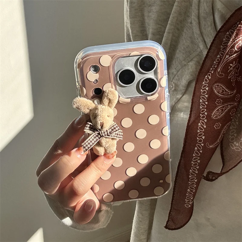 

Simple Coffee Color Polka Dot Phone Case For iPhone 17 Pro 16 15 14 Pro Max Cover with Plush Rabbit Shockproof Cute Protective C