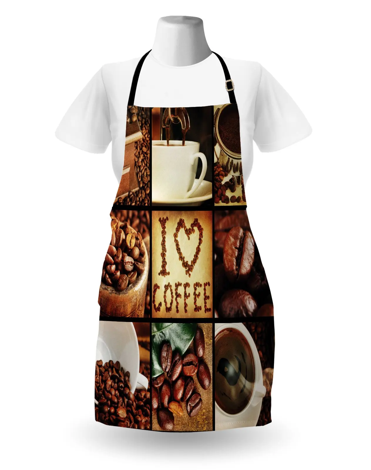 Brown Apron, I Love Coffee Theme Collage Roasted Beans Brewing Machines and Drink, Unisex Kitchen Bib with Adjustable Neck