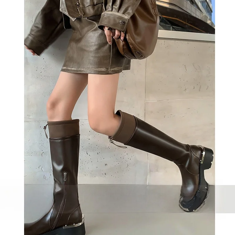 

FairyWink High Top Knight Boots Women's Thick Heel Buckle Mouth Short Boots Casual Metal Waterproof Platform round Toe Boots