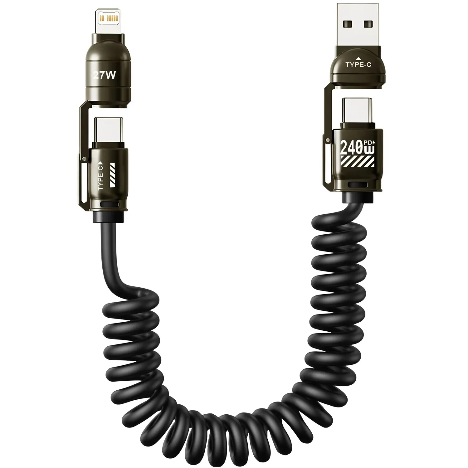 240W Fast Charging 4-in-1 Spring Car Data Cable Compatible with CarPlay for iPhone Samsung Huawei Xiaomi iPad USB C Charger Cord