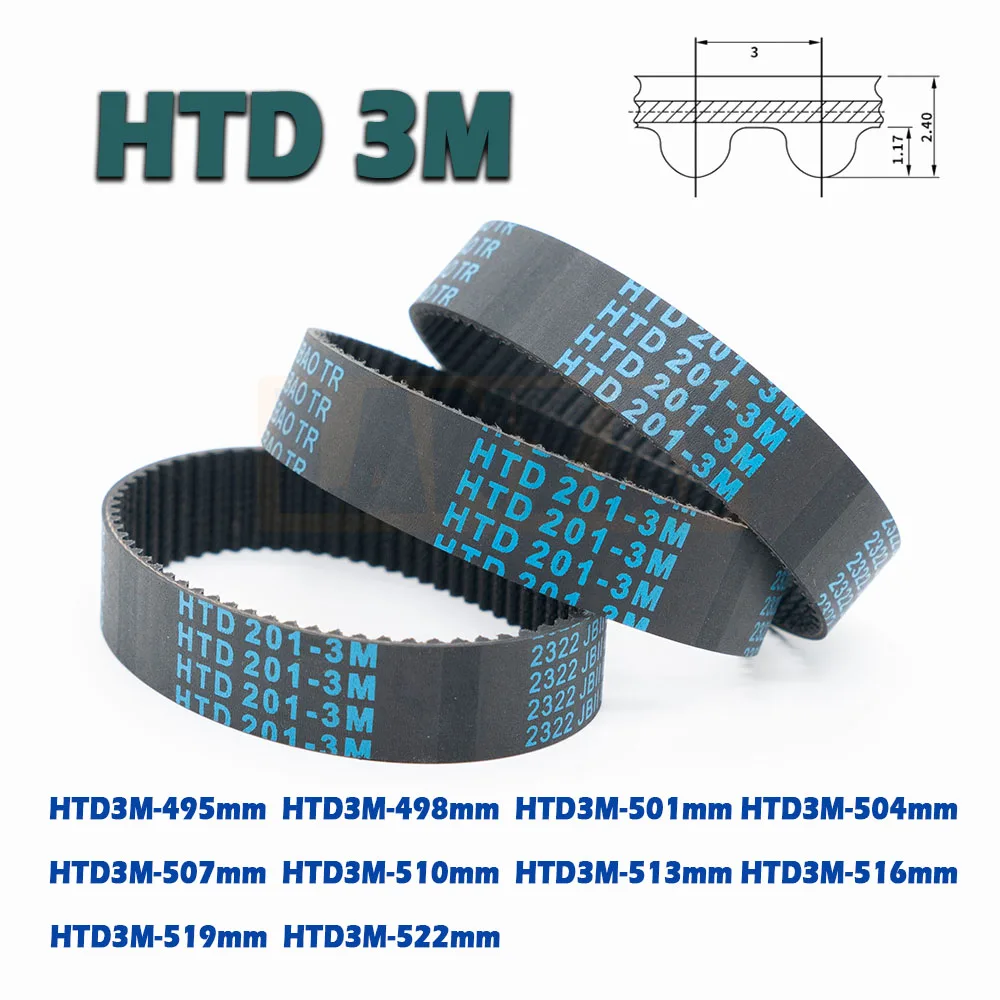 HTD3M Closed Loop Timing Belt Rubber Drive CNC 495 498 501 504 507 510 513 516 519 522mm 3M Length 495~522mm Width 6/10/15/20mm