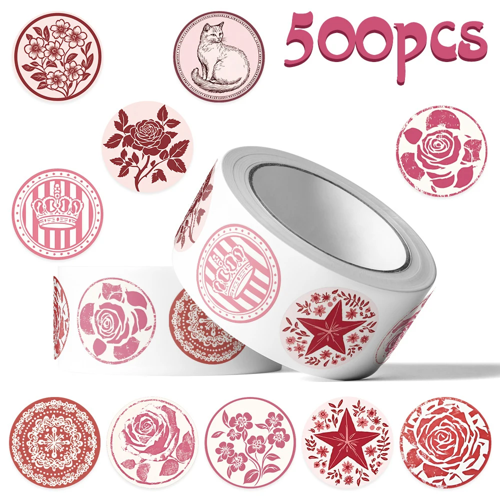 Rouleau d'autocollants de scellage à motif de dessin animé rose, 500 pièces/rouleau, autocollants esthétiques fleur chat, jouets de décoration pour téléphone et carnet de notes, DIY bricolage