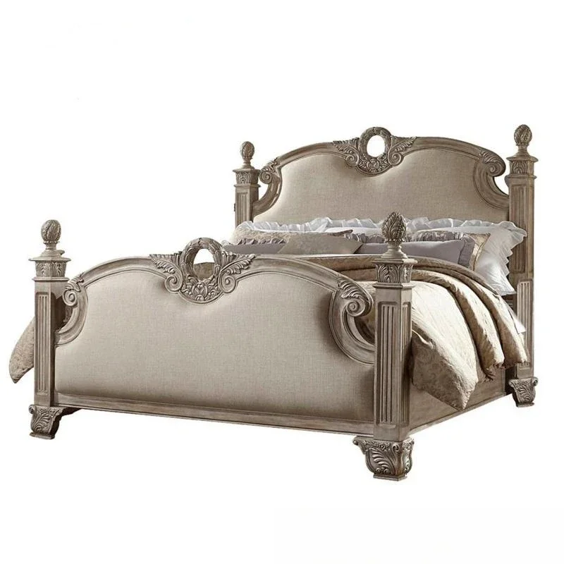 

Furniture Solid wood bed Villa oak carved 1.8 meters double Fabric soft court Vintage wedding bed