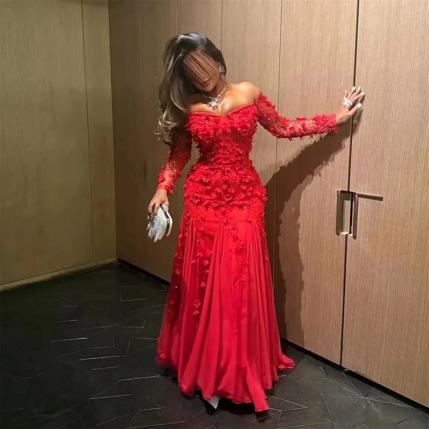 

Red Floral Long Sleeves Bespoke Occasion Gown Evening Dresses Pastrol Unisex Jersey Retro Dubai Saudi Arabic Prom Customized