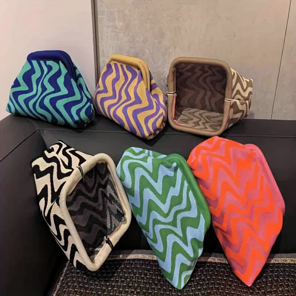 Wavy Striped Knit Handbag Makeup Bag Large Capacity Versatile Clip Purse Portable Knitted Cosmetic Storage Pouch for Daily Use