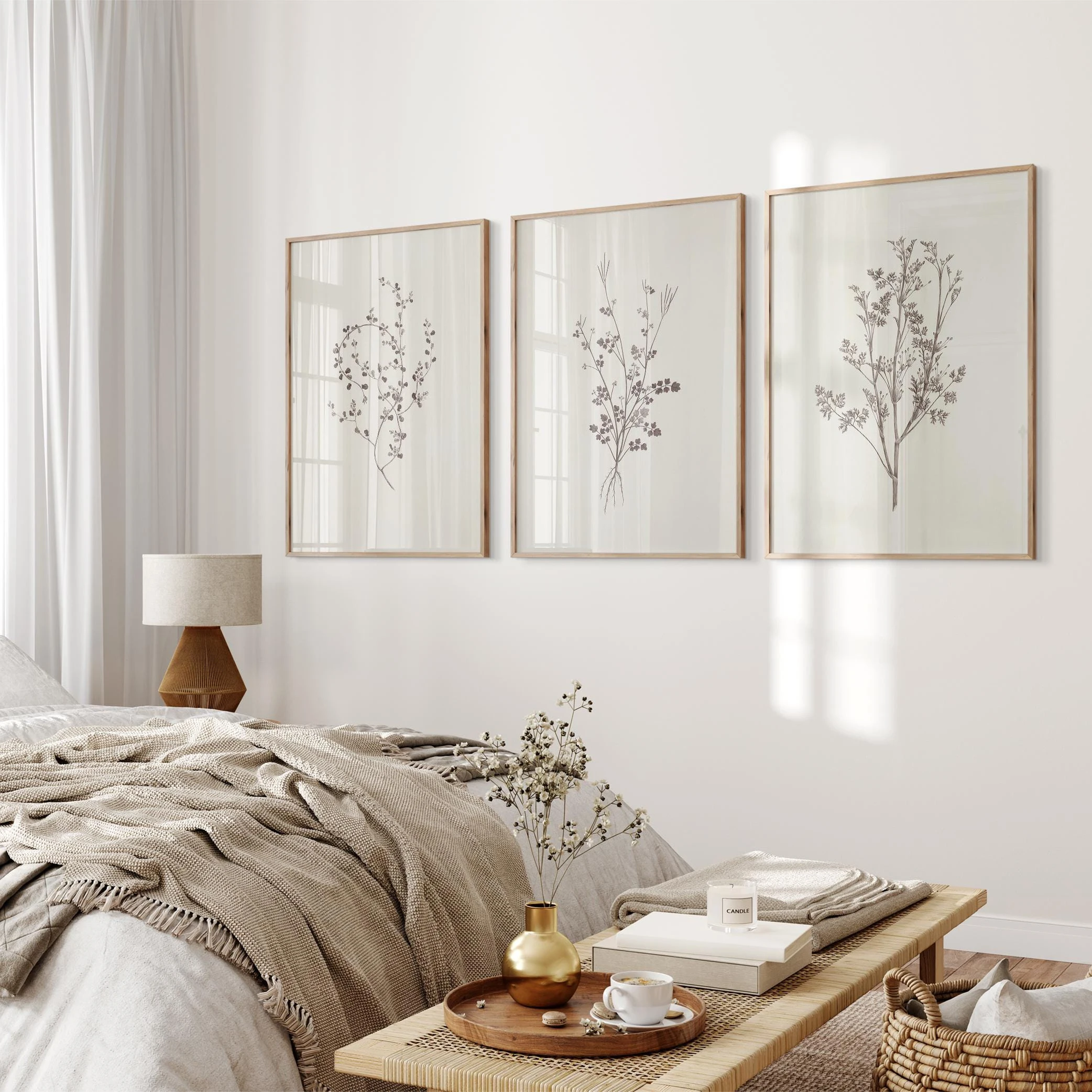 Botanical Wall Art Vintage Neutral Branch Drawing Set of 3 Minimalist Neutral Floral Sketch Prints Farmhouse Cottagecore Decor