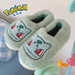 Pokémon Genuine Bulbasaur Indoor Fall and Winter Plus Velvet Warm Soft-soled Comfortable Cotton Slippers for Men and Women