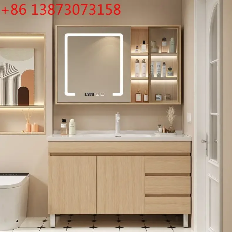 Ceramic integrated bathroom bathroom cabinet combination log wash hand simple washbasin solid wood
