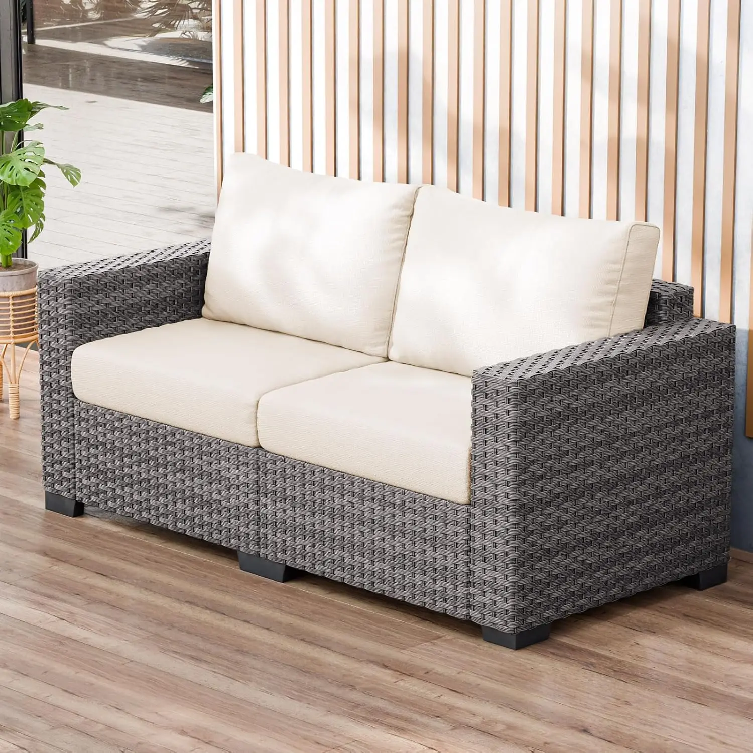 Outdoor Wicker Patio Couch Loveseat,  Rattan Sofa Chair for Porch Yard Deck Backyard