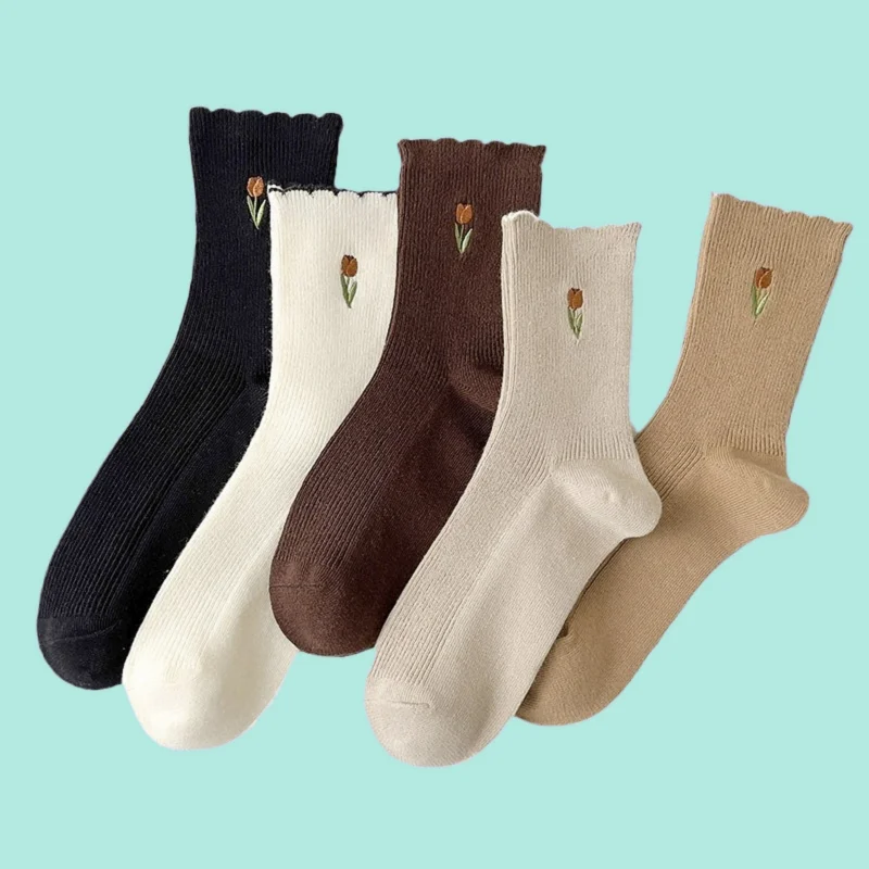 

5/10 Pairs New Women's Autumn And Winter Comfortable Casual Socks Solid Color Lace Tulip Embroidery Women's Cotton Socks