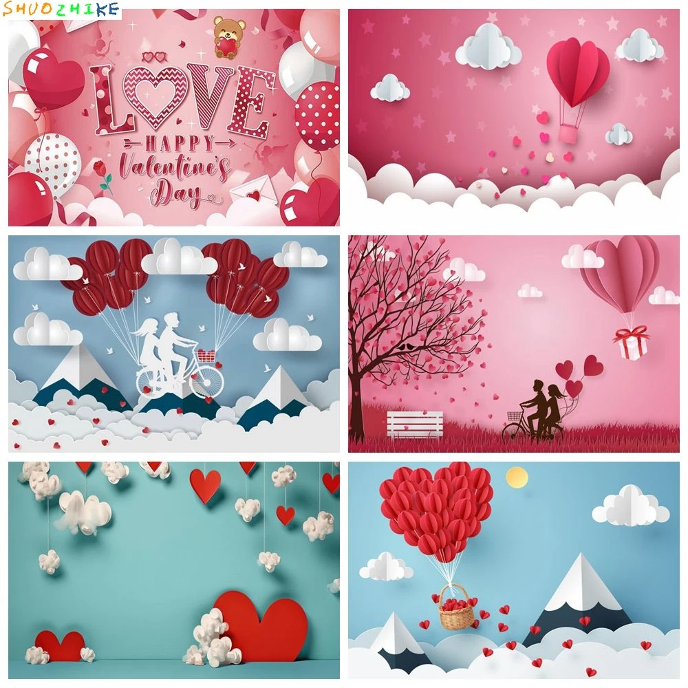 

Romantic February 14 Valentine's Day Backdrop Floral Red Love Heart Balloon Wedding Portrait Photography Background Photo Studio