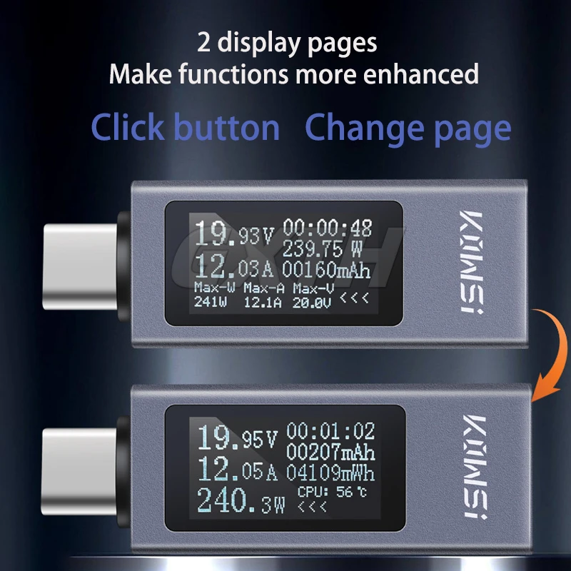 Type-C Phone Fast Charging Detector DC Voltage Ammeter Power Meter Mobile Power Charger Capacity Measurement Record DC4-30V 12A