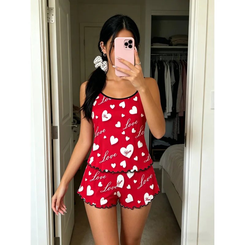 Women Spring Summer Fall Pajama Set Spaghetti Strap Ruffle Trim Round Neck Sleeveless Cami Shorts Romantic Love Heart Print