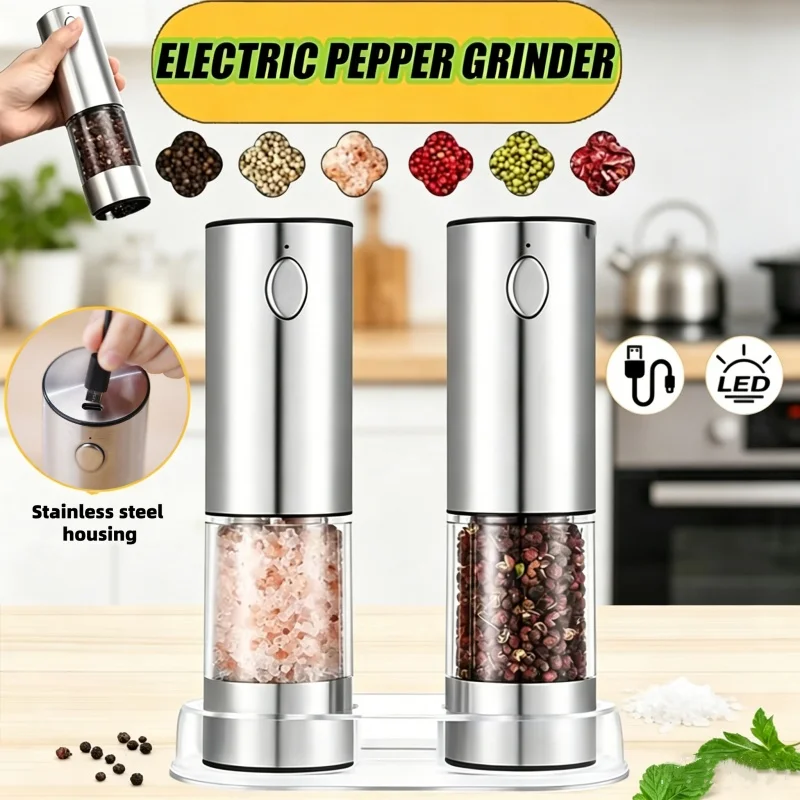 

Large Capacity Electric Pepper Grinder 2pcs USB Rechargeable Automatic Pepper Grinder Adjustable Spices With LED Kitchen Tools